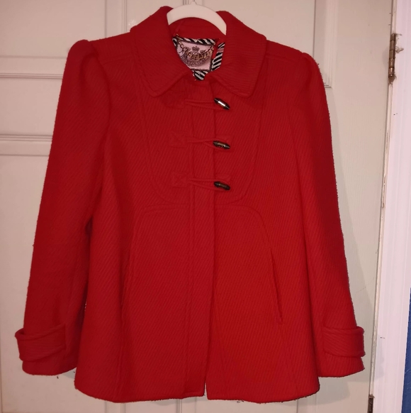 Juicy Couture Jackets & Blazers - Juicy Couture Women's Red Button-Front Wool Blend Jacket Sz M Zebra Lining